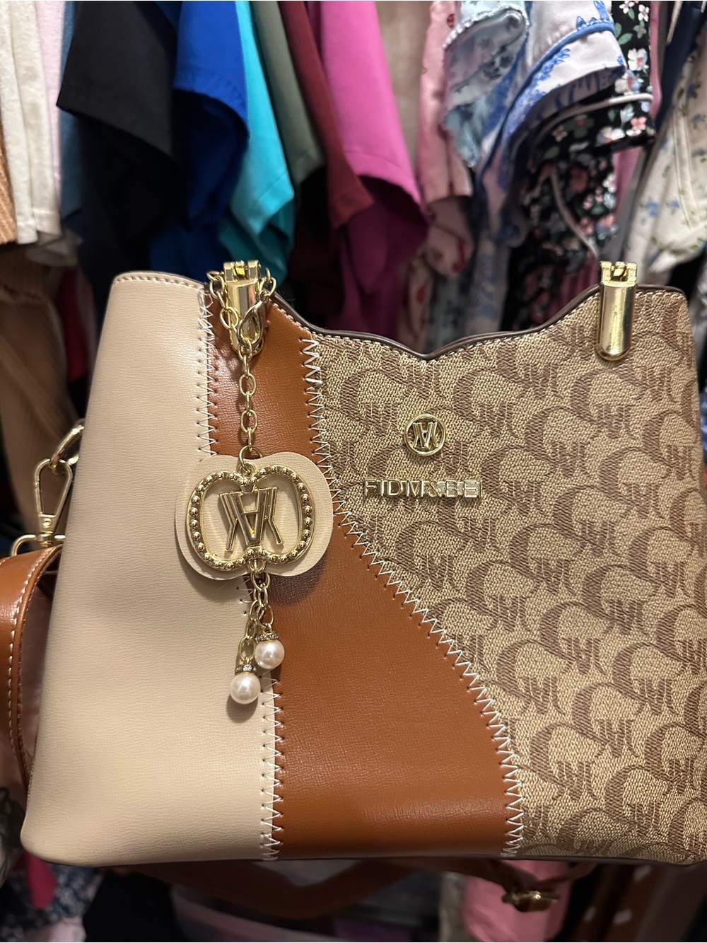 Fidmese Logo Accent Tote in Beige, Tan & Brown